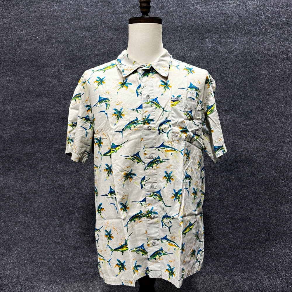 Columbia PFG Mens XL Fishing Shirt Marlin Palm Tree Tropical Up Short Sleeve